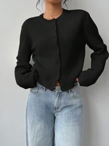 SHEIN BASICS Women Casual Solid Color Crew Neck Long Sleeve Loose Cropped Black Cardigan,Tops For School