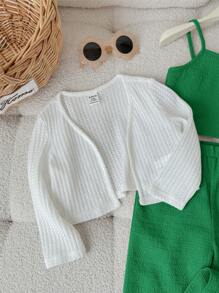 SHEIN LMoss Kids Ensemble de 3 pièces pour bébé fille : veste tricotée mignonne à manches longues, débardeur unicolore et pantalon long - Vert - Voir 3