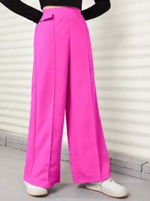 Teens/Girls Highwaisted Faux Pocket Flared Long Pants, Commuting & Elegant - Hot Pink - View 4