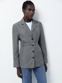 Aveloria Modichic 女士优质宽肩带纽扣前收腰长袖中长款西装外套 - 淺灰色 - 查看 6