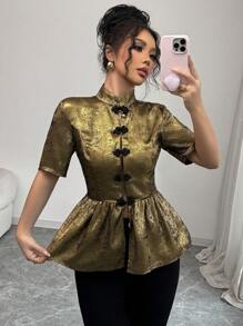 SHEIN Unity Elegant Stand Collar Metal-Colored Non-Stretch Short Sleeve Cinched Waist Blouse For Women, Spring/Summer - Bronze - View 6