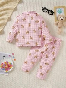 SHEIN 2pcs/Set Baby Girl Cute Pink Plaid Bear Pattern Shirt And Loose Fit Pants Casual Pajama Set