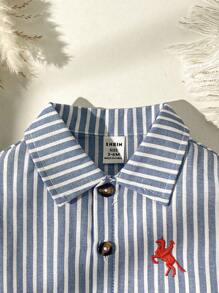 Souflis Souflis 2pcs Baby Boy Sets, Casual Minimal Vertical Striped Embroidered Collar Shirt And Solid Color Shorts, Blue And Gray Combination, Minimalist Style Suitable For Outdoor Play, Home Leisure, Sports, Spring, Summer, Autumn