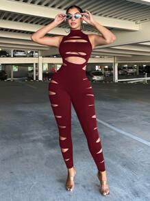 SHEIN SXY 女士无袖镂空黑色圆领连体裤 - 酒紅色 - 查看 5