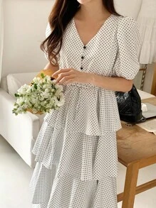 DAZY Women Dot Pattern Pleated Casual Mid-Length Dress