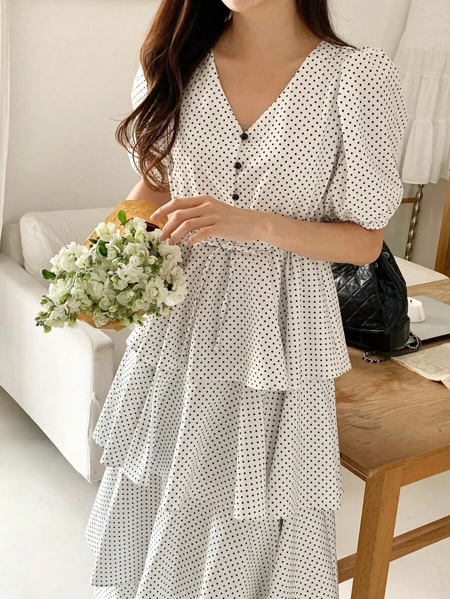 DAZY Women Dot Pattern Pleated Casual Mid-Length Dress