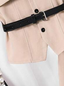 SHEIN Young Girls Casual Commuting Grey Suspender Shirt With Dark Grey Pleated Skirt And Black Belt, 2 Pieces Outfit - Khaki - View 4