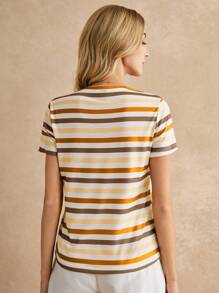 Poéselle Women's Striped Print Crew Neck Short Sleeve Casual T-Shirt