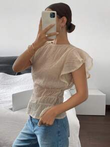 Siren Gaze 女士纯色圆领盖袖松紧腰荷叶边衬衫 - 杏色 - 查看 3