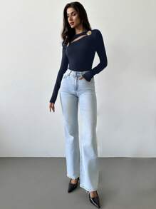 Firerie Women Elegant Delicate Fashion Hollow Rose Metal Decor Tight Fit Long Sleeve Black T-Shirt, Autumn