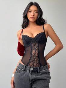 Aloruh 女士性感优雅蕾丝拼布吊带背心紧身衣束身衣束身衣上衣女士束身衣紧身衣澳门优雅 - 黑色 - 查看 8