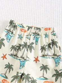 Cozy Pixies 2pcs/Set Baby Boy Coconut Tree Pattern Lapel Short Sleeve Half Placket Pullover Top And Elastic Waist Shorts Set - Multicolor - View 4