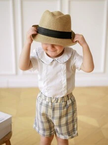 Souflis Souflis Set de 2 piezas para niños: Camisa de manga corta con cuello + Pantalones cortos a cuadros de cintura elástica, conjunto casual y versátil para uso al aire libre - Multicolor - Ver 3
