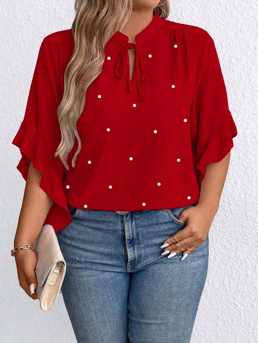 Plus Size Women's Tie Collar Faux Pearl Decor Ruffle Sleeve Blouse - Red - View 1
