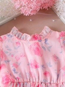 Glamorique Kids 女婴可爱花朵装饰短袖休闲连衣裙，夏季 - 粉色 - 查看 3