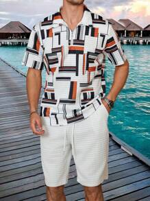 Manfinity Homme Men's Zipper Front Short Sleeve Casual Polo T-Shirt And Shorts 2 Pieces Set - Multicolor - View 3