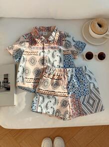 2 Pieces Baby Boys Casual Cute Geometric Pattern Lapel Short Sleeve Shirts, Suitable For Spring/Summer Indoor & Outdoor Wear