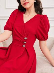 SHEIN Vestido largo elegante con decoración de botones de perlas para adolescentes, primavera y verano, Año Nuevo, Día de San Valentín - Estilo "Clean Girl"/Rojo lujoso para fiestas, vestido de princesa/temporada de bodas, vintage, playa, mar, elegante - Burdeos - Ver 4