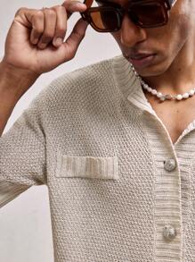 AKNOTIC Party 男士杏色针织金属纽扣宽松落肩多口袋休闲毛衣，适合日常穿着和夏季度假 - 杏色 - 查看 1