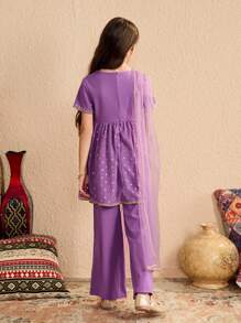 Tween Girl 2pcs Set: Ramadan Ramadan Purple V-Neck Short Sleeve Cropped Top And Solid Color Straight Leg Long Pants, Suitable For School And Casual Outings.