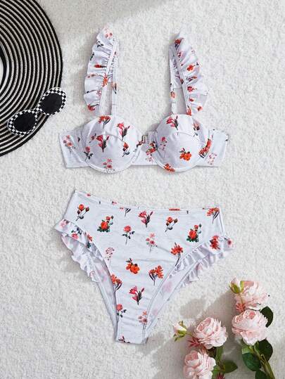 SHEIN MOD 1 Conjunto de Bikini de Baño con Estampado Floral Romántico para Mujer para Vacaciones de Verano en la Playa