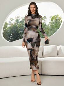 Modelyn Women's Elegant Marble Print Ruched Fitted Dress - Yellow - View 6