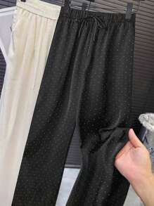 SHEIN Tall High Waist Rhinestone Satin Elastic Waist Tie Front Loose Straight Leg Pants - Black - View 3