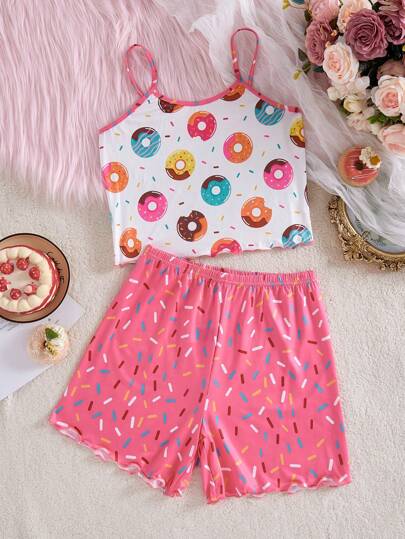 可爱甜甜圈拼布撞色吊带背心女童睡衣，青春期前