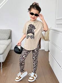 Set de 2 piezas de camiseta de punto con diseño de dibujos animados lindo + pantalones ajustados de punto para niñas - Caqui - Ver 1