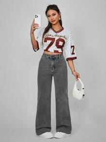 SHEIN EZwear Jean taille haute droit de style décontracté et lavé