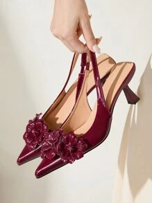 CUCCOO CHICEST 女士花卉装饰尖头穆勒一脚蹬高跟鞋，优雅舒适的派对/婚礼/正式活动高跟鞋，适合春、夏、秋、冬，情人节酒红色 - 酒紅色 - 查看 12