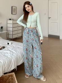 DAZY Striped Cartoon Print Wide Leg Loose Pajama Pants, Fall, Winter - Green - View 6