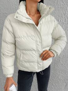 EURMUSE Drawstring Hem Zipper Puffer Coat - Beige - View 3