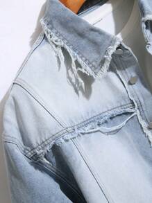 Manfinity Homme Men Front Button Long Sleeve Frayed Edge Casual Denim Shirt, Fall