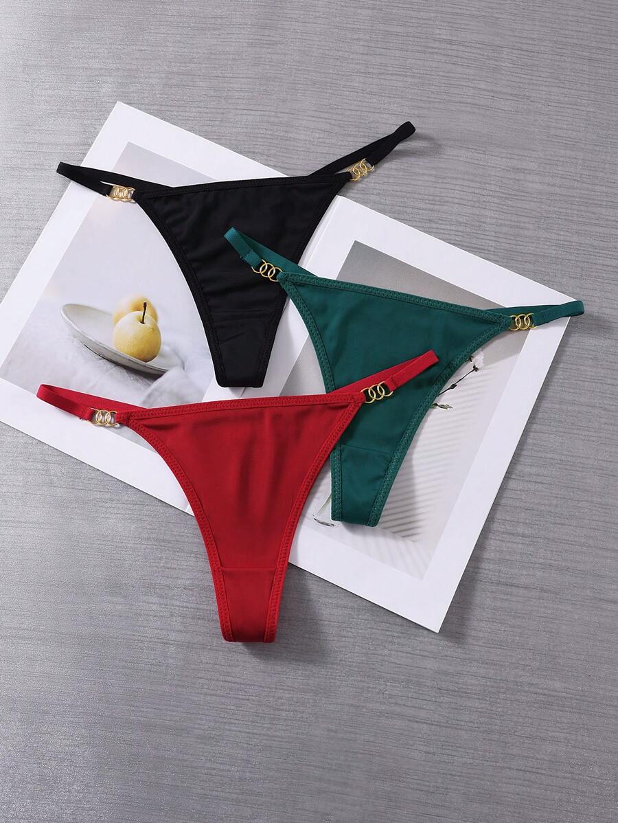 3条装女士纯色金属装饰简约丁字裤