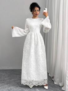 SHEIN Unity Women's Elegant Lace Patchwork Chiffon Tassel Dress Fall Cloth For Women - White - View 7