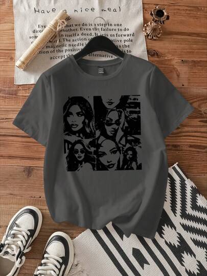 Attitoon 休闲简约肖像图案圆领短袖宽松女士 T 恤，夏季棉质套头衫