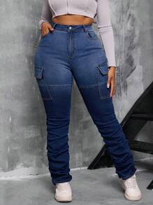 Slaydiva Celana Jeans Wanita Ukuran Besar Warna Gradien Ombre Pinggang Tinggi Elastis - Biru - View 6