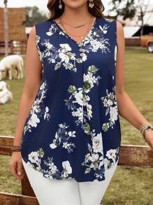 EMERY ROSE Camisa sem mangas com estampa floral azul plus size feminina