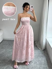 Chiquease Đầm dự tiệc lãng mạn, hở eo, viền ngọc trai, họa tiết jacquard màu hồng ngọt ngào thanh lịch dành cho nữ - Hồng - Xem 8