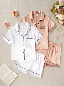 4pcs Tween Girl Casual Solid Color V-Neck Shirt , Short Sleeve Top, And Shorts Loungewear Set, Comfortable Satin - Multicolor - View 3