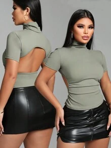 Zolique 女士露背高领镂空休闲简约短袖上衣 - 橄欖綠 - 查看 3