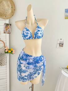 Soleia Swim Suits For Women,Summer Outfits For Women,Boho,Bikini Set,Beachwear,Vacation Outfits Woman,Beach Outfits For Woman,3 Piece Set - Women's V-Neck Halter Tied Wrap Cover Up Skirt & Bikini Set With Floral, Linear & Architecture Print, Suitable For Vacation, For Summer Beach - Blue and White - View 2
