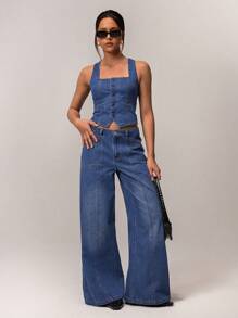 Forever 21 女士单排扣方领无袖休闲牛仔衬衫 - 藍色 - 查看 3