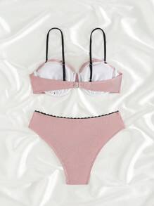 SHEIN Swim 2pcs/Set Solid Ribbed Top And High Waist Ruffle Trim Swim Bottom Beach Outfit, Women Summer Cute Bikini Swimwear Set - Dusty Pink - View 2