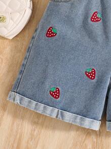 Tween Girls Open Shoulder Strap & Embroidered Strawberry Denim Shorts Set - Red - View 4