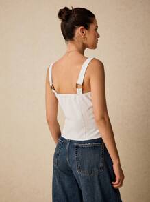 Poéselle Women's Elegant White Summer Linen Camisole,Solid Color Single-Breasted Circular Buckle Strap Crop Top,Boho Brunch Tops - White - View 5