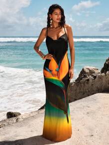 Opulessa Woven Print Backless Mermaid Hem Dress For Women