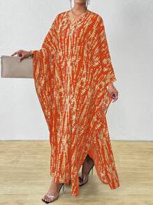 SHEIN Clasi 女士条纹蝙蝠袖 V 领开衩长衬衫罩衫连衣裙长款女装 - 橘色 - 查看 4