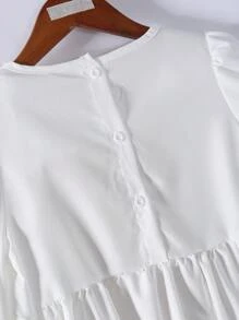 青少年女孩休闲日常圆领长袖纯色刺绣衬衫和松紧腰喇叭腿牛仔裤春季服装 - 白色 - 查看 5